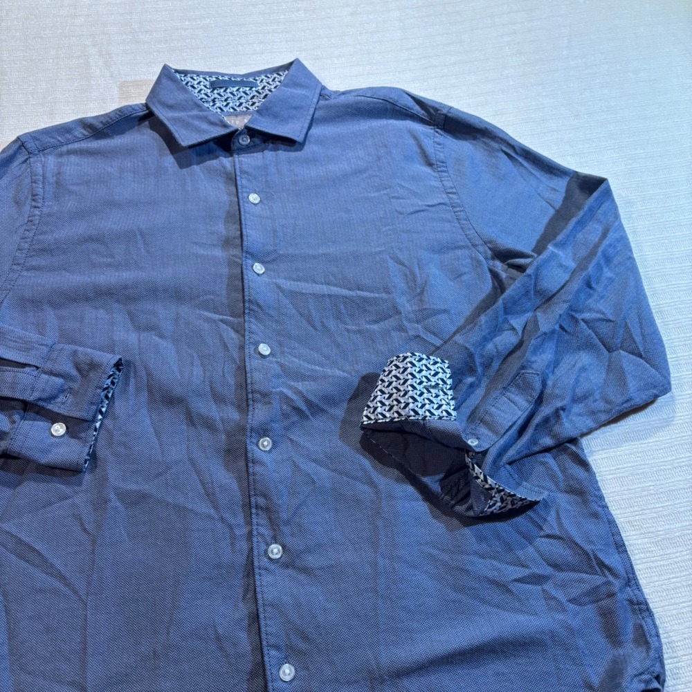 Ted Baker London Mens Navy Herringbone Cotton Button Down Shirt Large 1072429